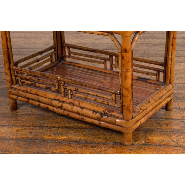 Chinese Vintage Bamboo Tiered Side Table with Slanted Front and Fretwork Motifs For Sale - Image 12 of 13
