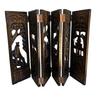 Mid 20th Century Antique Carved Wooden Folding Screen 6-Paneled Hinged Asian Artwork For Sale