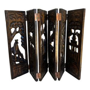 Mid 20th Century Antique Carved Wooden Folding Screen 6-Paneled Hinged Asian Artwork