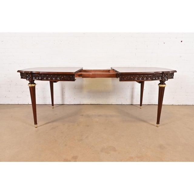 Henredon Style French Regency Louis XVI Carved Mahogany and Burl Wood Extension Dining Table, Newly Refinished For Sale In South Bend - Image 6 of 14
