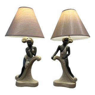 Vintage 1950s Continental Art Lamps With New Shades. 22" Tall. Male & Female Figures - a Pair For Sale
