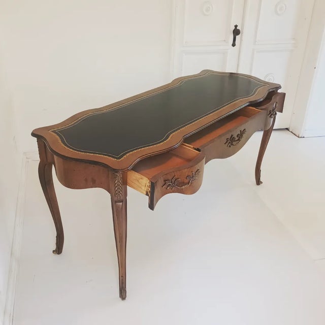 Brown Vintage French Walnut Leather Top Long Desk For Sale - Image 8 of 17