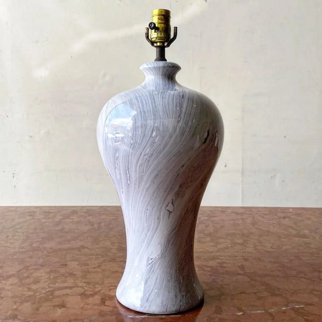1980s Postmodern Gray Faux Marble Porcelain Table Lamp For Sale - Image 5 of 5