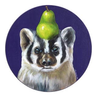 A Portrait of a Badger and His Pear - Original Animal Portrait Oil Painting on Wood Panel by Jj Galloway For Sale