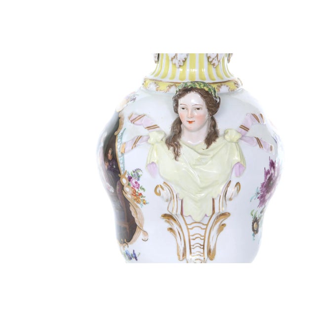 Mid-19th century large Dresden gold gilt with painted scene design details porcelain decorative urn / vase. The urn / vase...