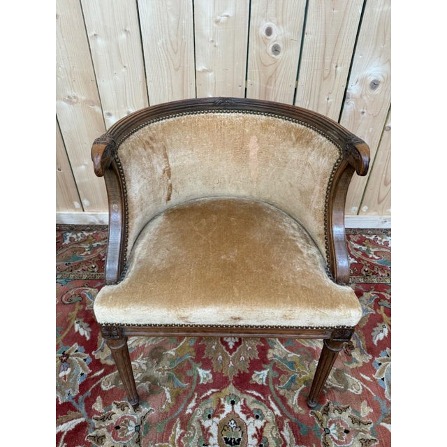 Louis XVI Style Barrel-Shaped Wood, Velvet, Brass Desk Chair with Ram's Heads, 1890s For Sale - Image 6 of 8