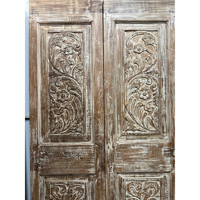 Antique Hand-Carved Floral Barn Doors With Iron Studs – Rustic Hinged or Sliding Double Doors 80x39 For Sale - Image 4 of 4