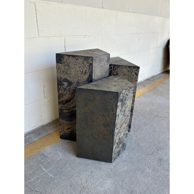 Stylish Pulaski Slate Nesting Tables Set of 3. Sculptural design, with different slate designs. Showroom floor sample....