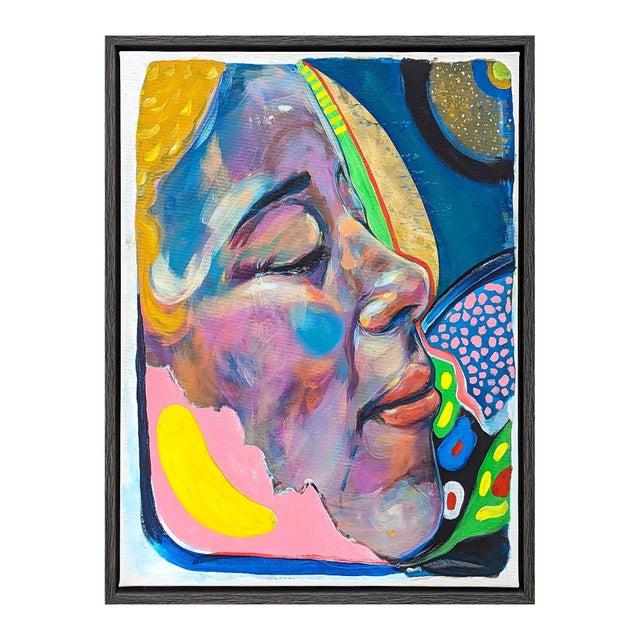 Contemporary colorful figurative painting by Houston-based artist Moisés Villafuerte. The work features a close up view of...