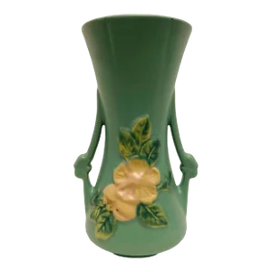 Vintage Weller Art Pottery Blue/Green Floral Double Handled Vase, 1930’s