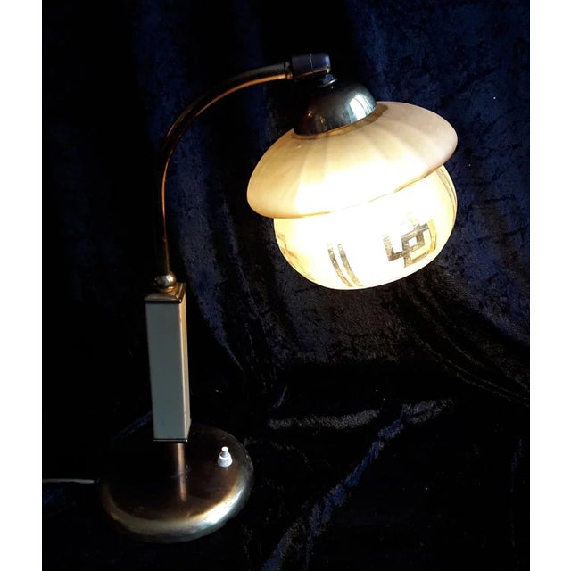 1930s Vintage Art Deco Brass Frame with Cream Colored Plastic and Glass shade Adjustable Desk Lamp, 1930s For Sale - Image 5 of 6