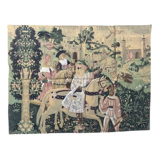 Vintage French Screenprinted Tapestry with Departure to Hunt Motif, 1970s For Sale