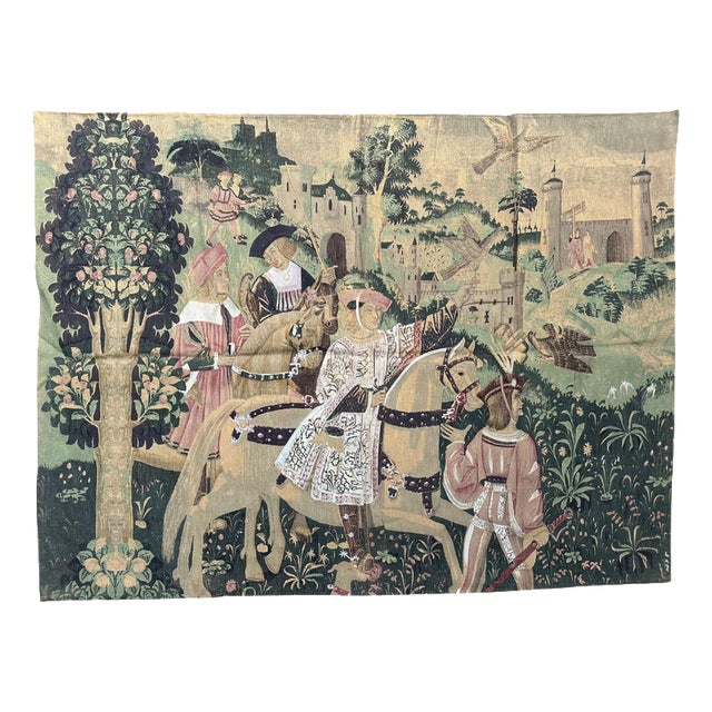 Vintage French Screenprinted Tapestry with Departure to Hunt Motif, 1970s For Sale