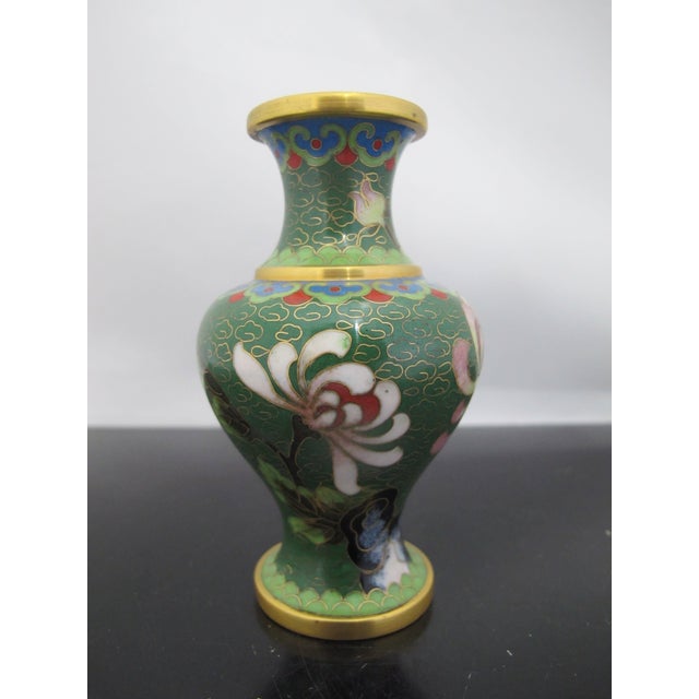 Metal Chinese Cloisonne Green Enamel Flower Gilt Miniature Vase Pair For Sale - Image 7 of 10
