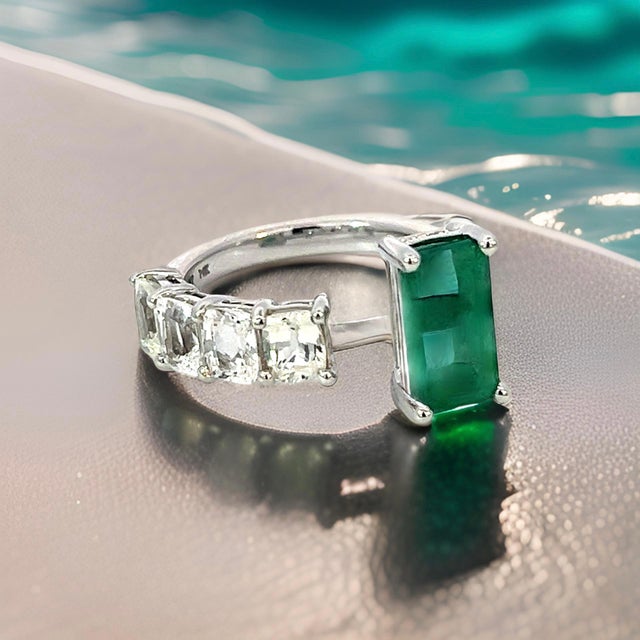 Metal Natural Emerald Sapphire Ring Size 6.5 14k W Gold 4.95 TCW Certified For Sale - Image 7 of 13