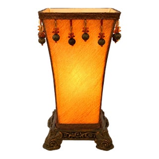 Vintage Amber Beaded Table Lamp With Ornate Scrolled Base, Hollywood Regency For Sale