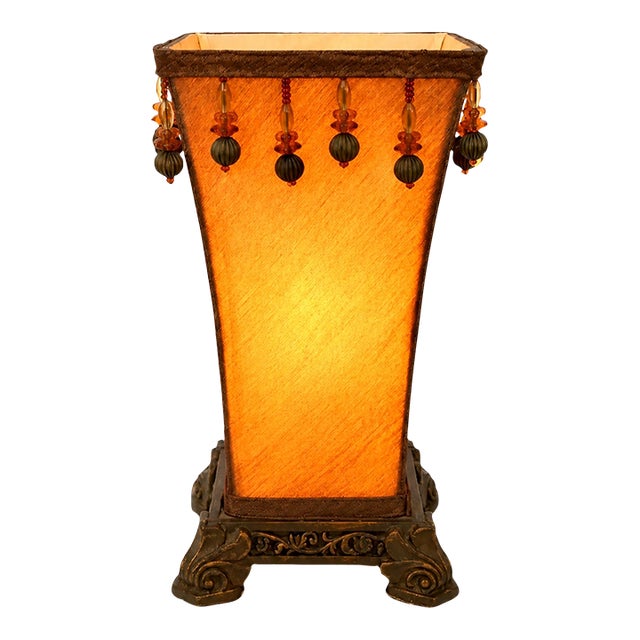 Vintage Amber Beaded Table Lamp With Ornate Scrolled Base, Hollywood Regency For Sale