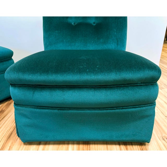 Vintage Deep Teal Velvet Tufted Back Slipper Chairs, a Pair For Sale - Image 9 of 12