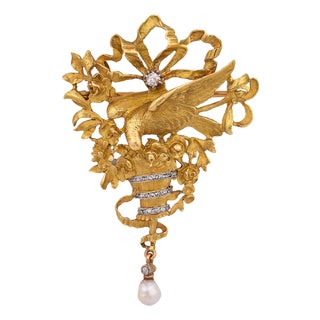 Early 20th Century Art Nouveau Diamond Pearl Dove Floral Bouquet 18k Yellow Gold Brooch For Sale