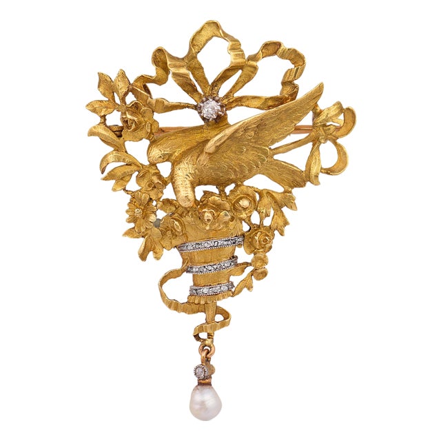 Early 20th Century Art Nouveau Diamond Pearl Dove Floral Bouquet 18k Yellow Gold Brooch For Sale