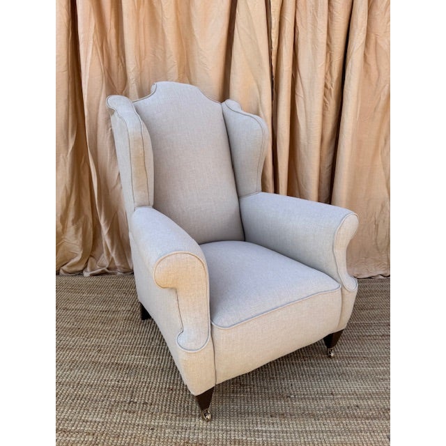 19th Century English Winged Scroll Back Armchair in New Linen For Sale - Image 4 of 7