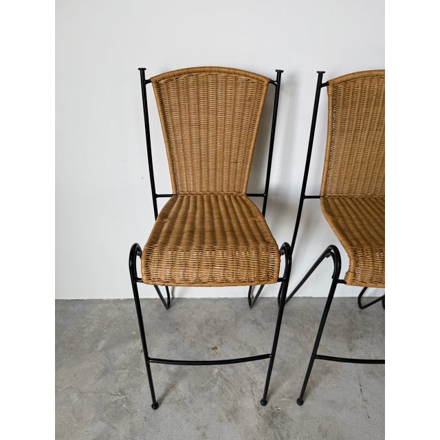 1970's Frederic Weinberg Style Rattan & Iron Bar Stools - Set of 3 For Sale In Miami - Image 6 of 14