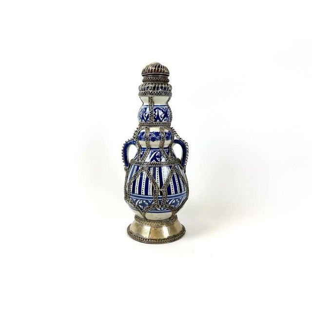 Mid-Century Moroccan Hand Painted Cobalt Ceramic Decanter with Wire Filigree Detailing, 1950s For Sale - Image 14 of 14