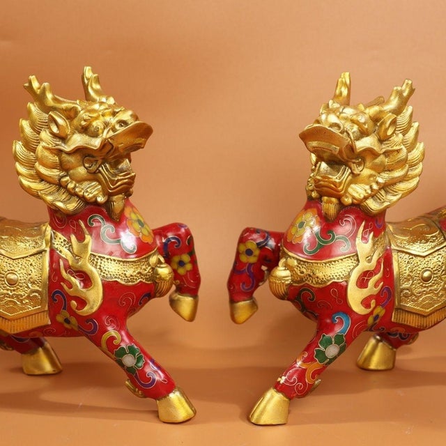 Late 19th Century Pair of Cloisonné Enamel Qilin Statues, Gilt Bronze Figures, 2.64kg For Sale - Image 4 of 9
