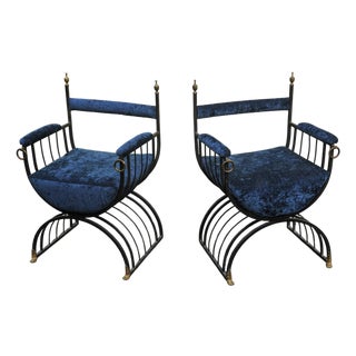 Mid-Century Modern Savonarola Chairs with Blue Velvet Upholstery, 1960s, Set of 2 For Sale