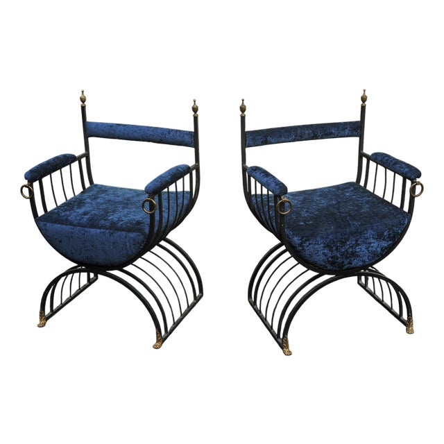 Mid-Century Modern Savonarola Chairs with Blue Velvet Upholstery, 1960s, Set of 2 For Sale