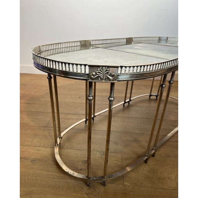 Metal Neoclassical style coffee table in silver metal with antique mirror top For Sale - Image 7 of 12