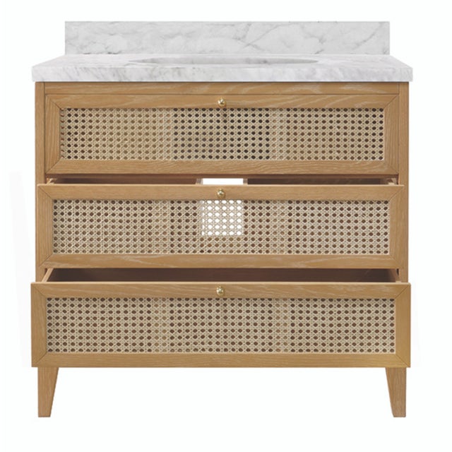 Wood Matthew Izzo Home Wynn Cerused Oak Single Porcelain Sink Bath Vanity With Carrara Marble Top, 3 Caned Drawers and Brass Knobs For Sale - Image 7 of 10