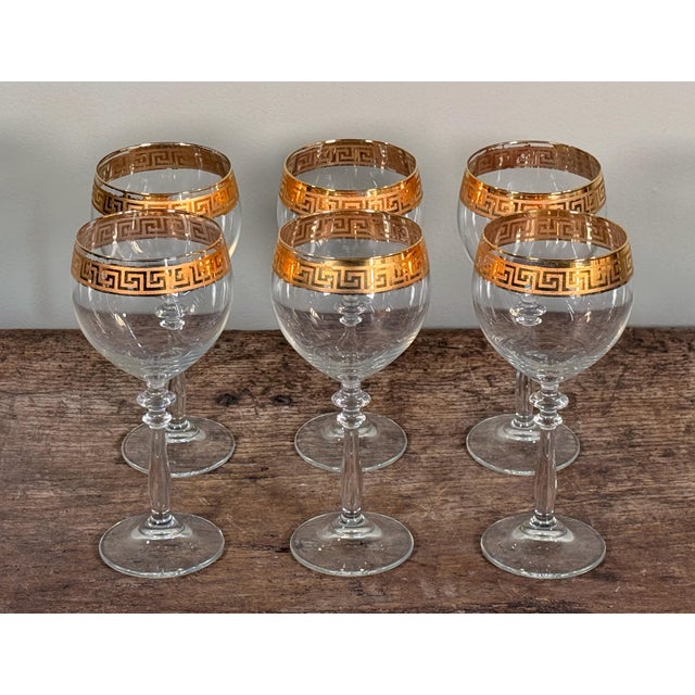 Mid 20th Century Vintage Gold Greek Key Rimmed Crystal Wine Goblets - Set of 6 For Sale - Image 5 of 6
