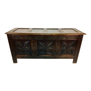 19th Century Belgian Gothic Revival Oak Hand Carved Trunk For Sale