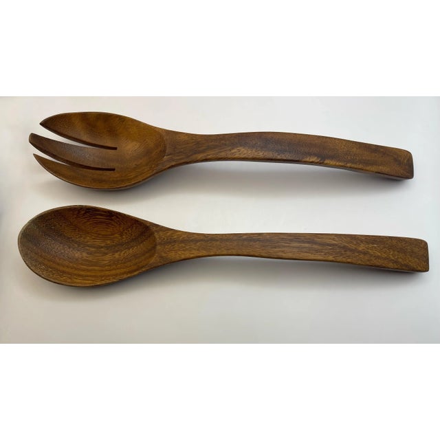 Brown Mid 20th Century Hand Carved Wooden Bowl & Serving Utensils For Sale - Image 8 of 12