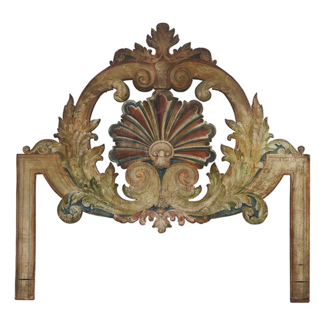 Painted Wooden Double Bed Headboard with Shell and Scrolls, 1950s For Sale
