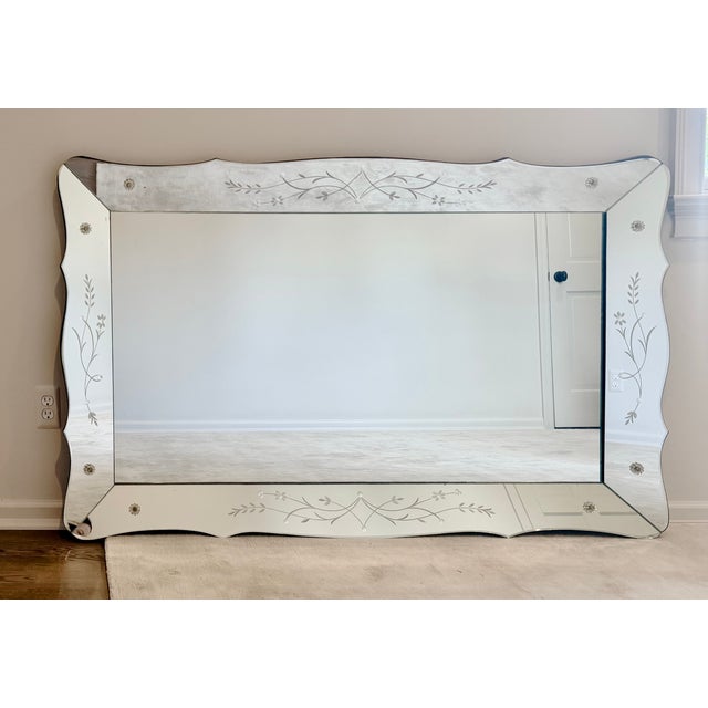 Art Deco Monumental Art Deco Venetian Scalloped Mirror With Etched Glass Floral Motif, 1950s For Sale - Image 3 of 10