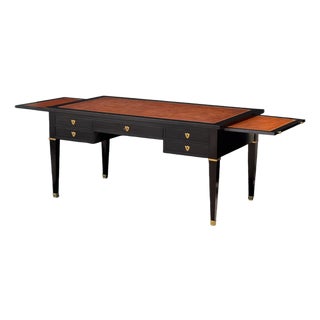 Large French Louis XVI Ebonized Writing Table or Desk With Embossed Leather Top For Sale