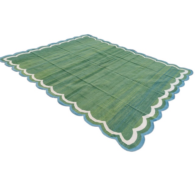 Forest Green Not Yet Made - Made To Order Handmade Cotton Reversible Scalloped Edge Rug Forest Green With Cream and Teal Blue Border - 9'x12' For Sale - Image 8 of 11
