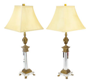 Mid 20th Century Ormolu & Glass Corinthian Column Table Lamps, 1950s, Set of 2