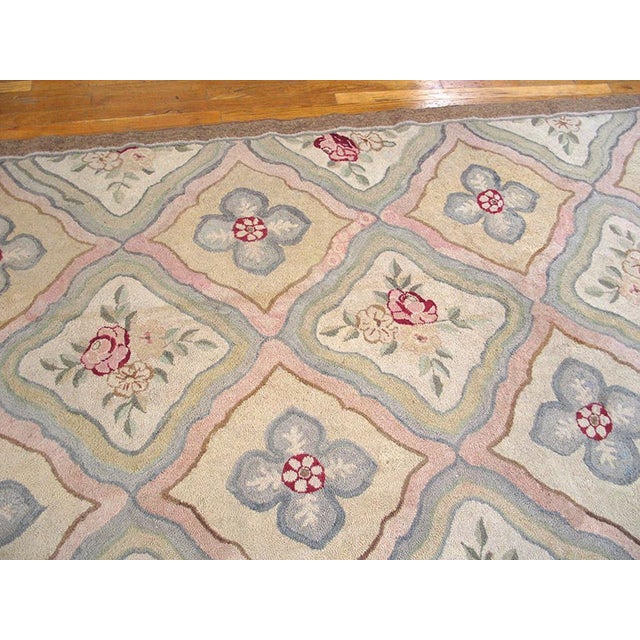 1920s Tan Ecru Floral Folk Art Antique Canadian Hooked Rug 5'4" X 14'6'' Handknotted Wool Carpet For Sale In New York - Image 6 of 7