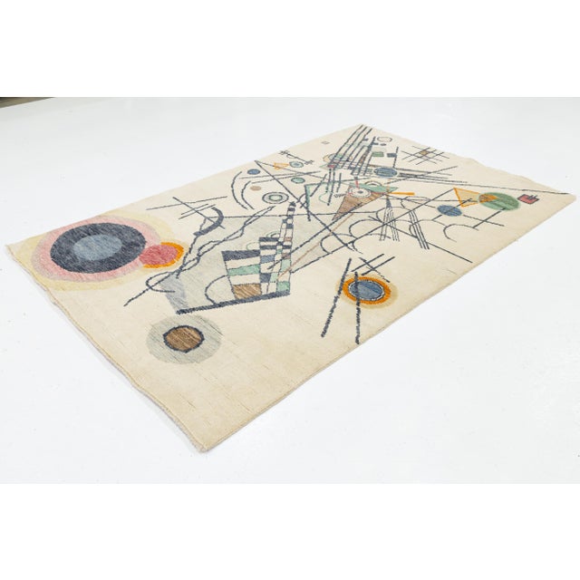 5x8 Modern Abstract Geometric Area Rug - Bauhaus Style Hand-Knotted in Ivory For Sale - Image 4 of 8