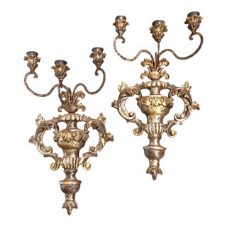 Pair of Louis XVI Style Mid-Century Italian Hand Carved Candle Wall Sconces. For Sale