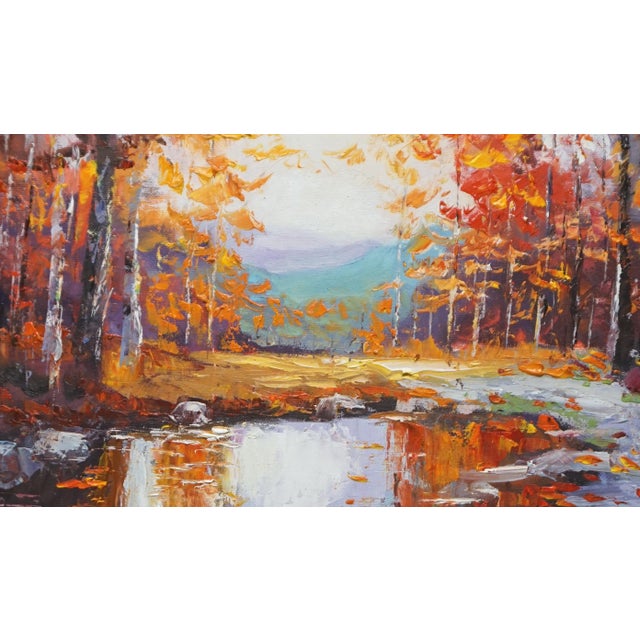 Original Oil Landscape, Forest Stream in Autumn Scenery For Sale - Image 4 of 5