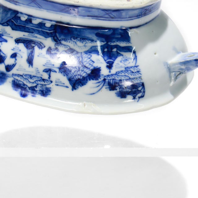 Antique Blue & White Canton Chinese Export Porcelain Miniature Sauce Tureen For Sale - Image 16 of 16