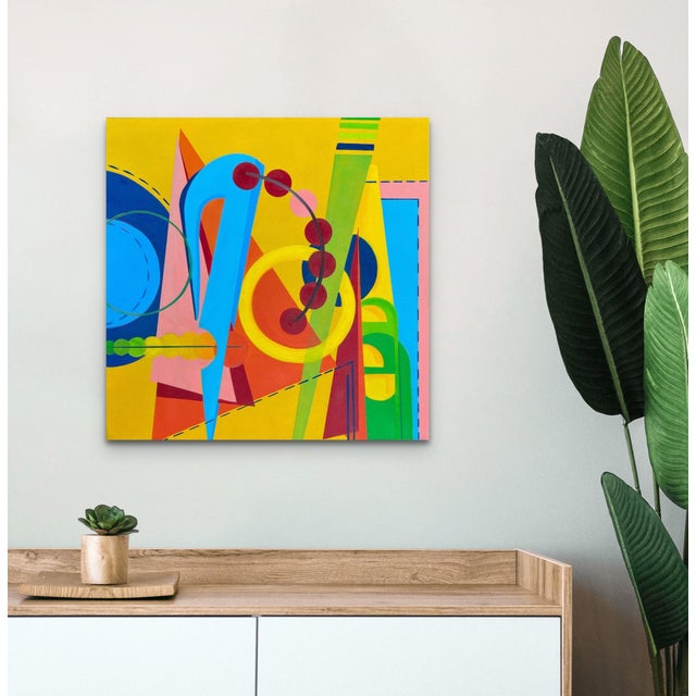 This vibrant oil painting features a dynamic interplay of geometric shapes and bold colors, creating a sense of movement...