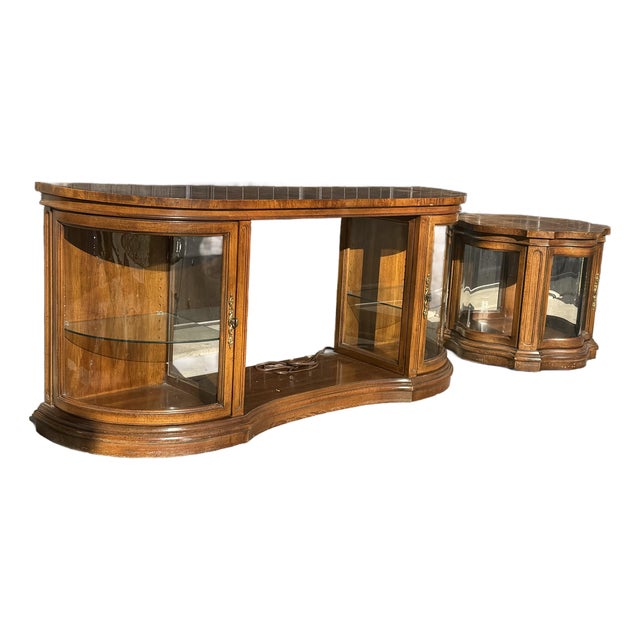 1960s Mid-Century Modern Lighted Curved Glass Credenza & Display Cabinet Set For Sale