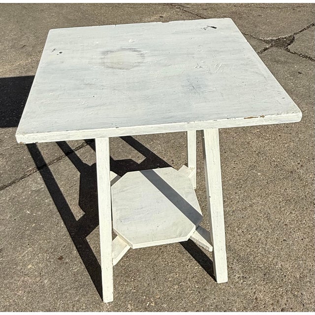 Wood Vintage White Handpainted Mahogany Farmhouse Shabby Chic Two-Tier Side Table With Drawer For Sale - Image 7 of 12