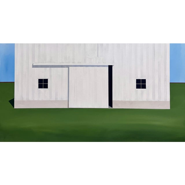 Down in the Valley by Justin Wheatley | Acrylic on Canvas White Barn in Green Field For Sale - Image 4 of 11