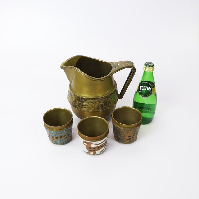 Salvador Teran 1960s Fantastic Mosaic and Brass Pitcher by Salvador Teran with 3 glasses - Set of 4 For Sale - Image 4 of 5